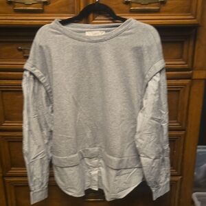 🎁LOFT Gray Crewneck Sweater with Striped Sleeves